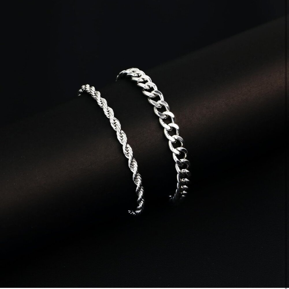 Silver Cuban Chain Bracelet Set, Waterproof Stainless Steel, Adjustable - Picture 6 of 9
